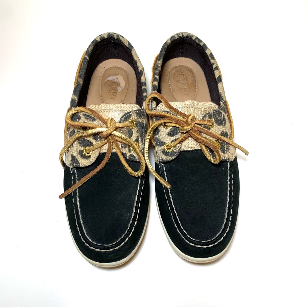 Sperry Bluefish Boat Shoes Women’s 8.5 Black Tan Leather Cheetah Trim Preppy